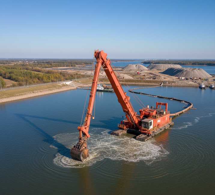 Heavy mechanical dredging equipment at work